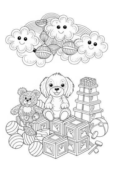 A coloring page of Puppy in a Whimsical Toyland Coloring Page