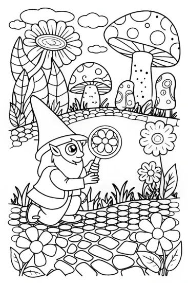 A coloring page of Gnome with a Garden of Curiosities Coloring Page