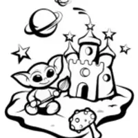 Baby Yoda’s Cosmic Sandcastle Adventure Coloring Page