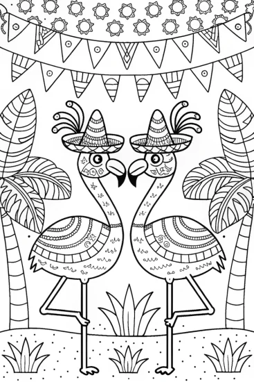 A coloring page of Flamingos in a Fiesta Coloring Page