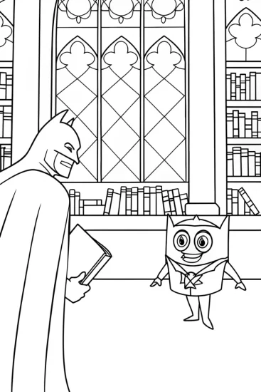 A coloring page of Batman in the Enchanted Library Coloring Page
