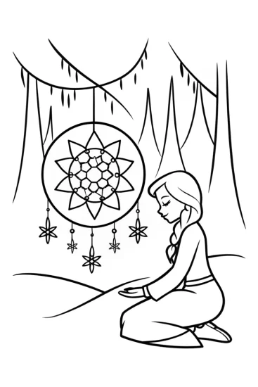 A coloring page of Elsa’s Winter Dreamcatcher Coloring Page
