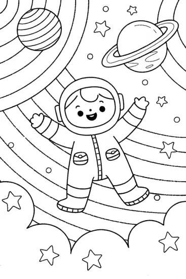 A coloring page of Baby Astronaut in a Whimsical Galaxy Coloring Page