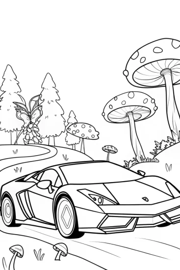 A coloring page of Lamborghini ride through whimsical realms