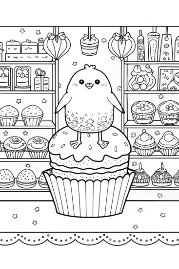 A coloring page of Chick’s Adventure in the Enchanted Bakery Coloring Page