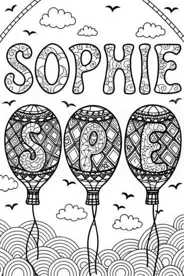 A coloring page of Breezy Balloon Adventure with ‘SOPHIE’