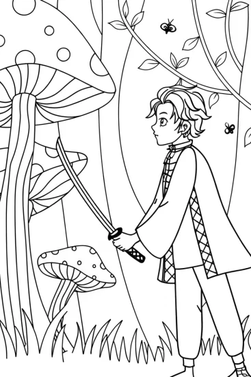 A coloring page of Demon Slayer in a Whimsical Forest Coloring Page