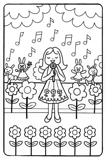 A coloring page of Barbie at the Whimsical Melody Fest Coloring Page