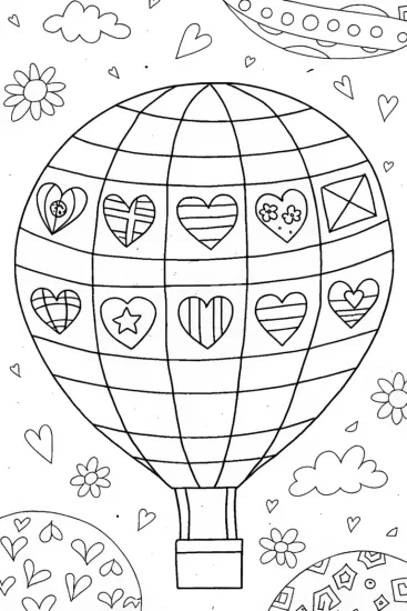 A coloring page of Heart-Shaped Hot Air Balloon Coloring Page