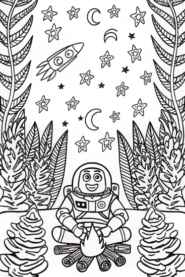 A coloring page of Buzz Lightyear’s Cosmic Campfire Coloring Page