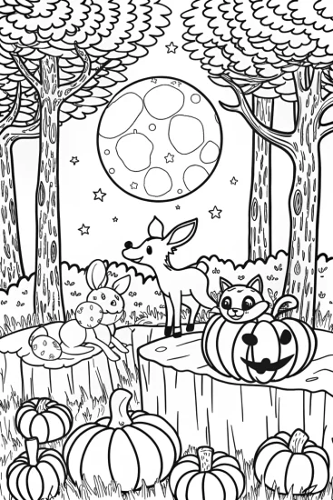A coloring page of Whimsical Harvest Moon Gathering Coloring Page