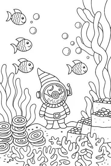 A coloring page of Gnome Underwater Adventure Coloring Page