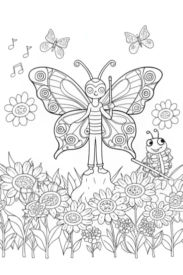 A coloring page of Butterfly Symphony in the Garden Coloring Page