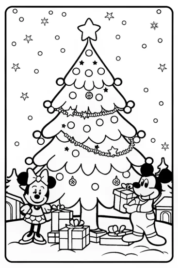 A coloring page of Mickey and Minnie Christmas Tree Coloring Page