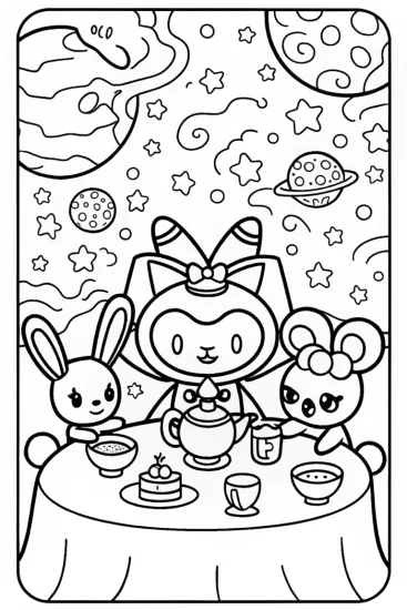 A coloring page of Kuromi’s Cosmic Tea Party Coloring Page