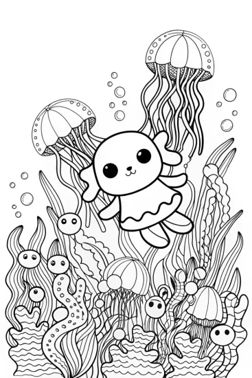A coloring page of Cinnamoroll’s Enchanted Jellyfish Dance Coloring Page