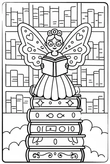 A coloring page of Whimsical Fairy Librarian Coloring Page