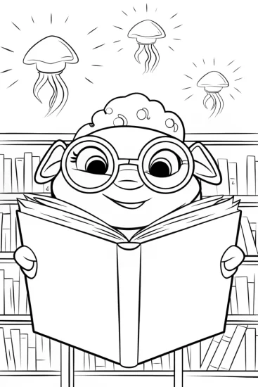 A coloring page of Axolotl in a Magical Underwater Library Coloring Page