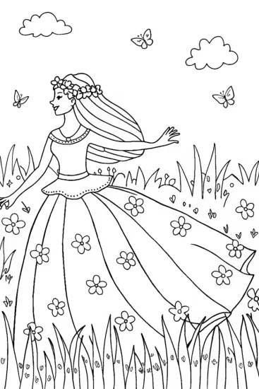 A coloring page of The Princess of the Wildflowers Coloring Page