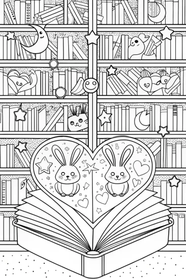 A coloring page of Heartful Adventures in the Book Nook Coloring Page