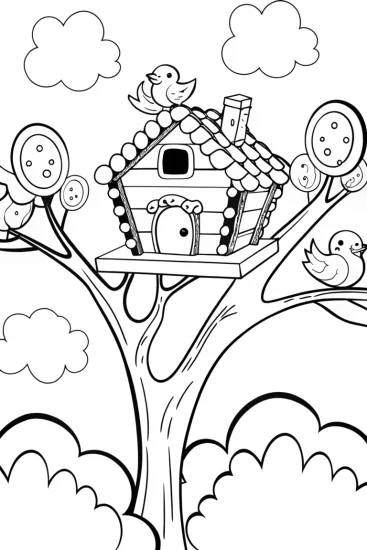 A coloring page of Gingerbread House Treetop Adventure Coloring Page