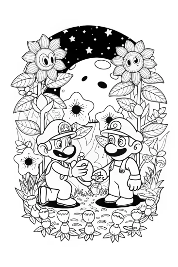 A coloring page of Mario and Luigi’s Galactic Garden Adventure Coloring Page