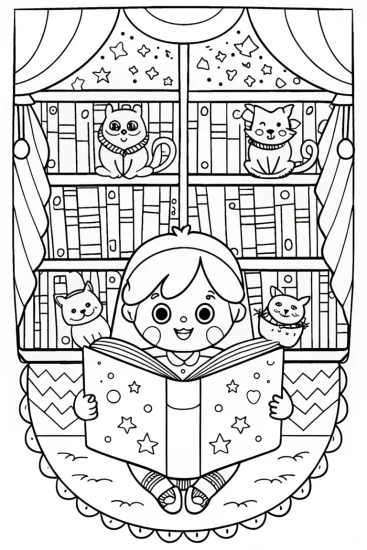 A coloring page of Gabby’s Cozy Book Nook Coloring Page