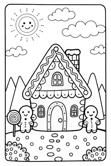 A coloring page of Gingerbread House Fantasy Garden Coloring Page