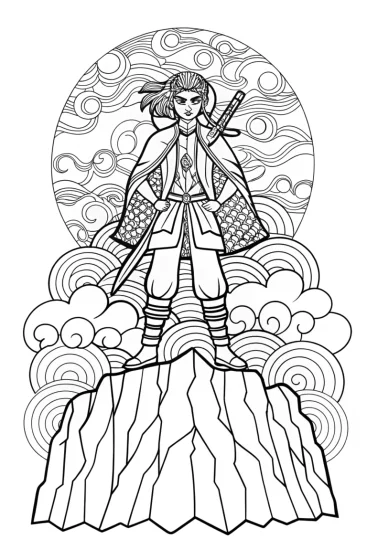 A coloring page of Demon Slayer and Elemental Spirits Coloring Page