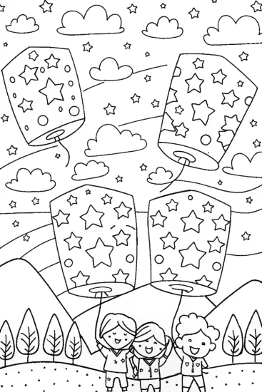 A coloring page of Starry Lantern Festival Coloring Page