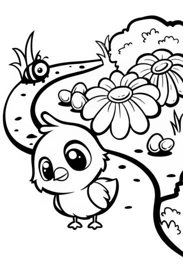A coloring page of Chick’s Colorful Garden Quest Coloring Page