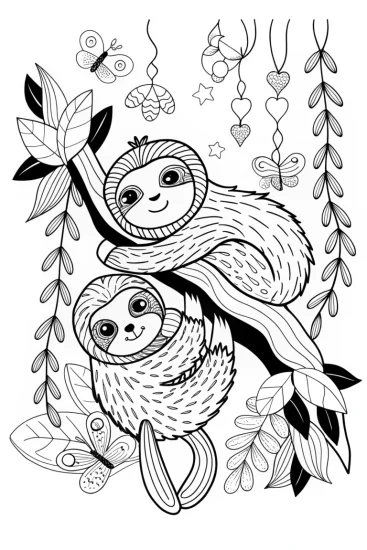A coloring page of Snuggly Sloths in a Cozy Tree Coloring Page