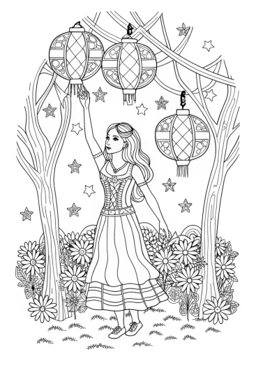 A coloring page of Barbie at the Festival of Lights Coloring Page