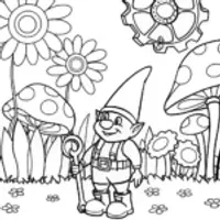 Tinker the Gnome in a Clockwork Garden Coloring Page