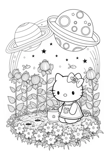 A coloring page of Hello Kitty’s Cosmic Garden Adventure Coloring Page