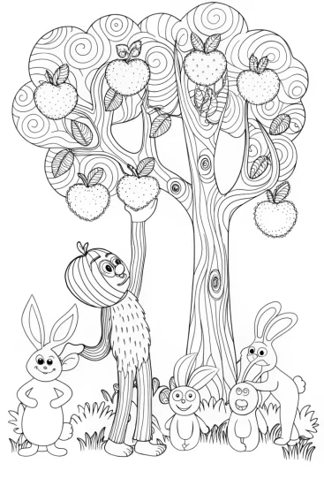 A coloring page of Huggy Wuggy’s Orchard Adventure Coloring Page
