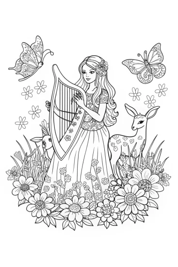 A coloring page of Barbie the Enchanted Musician Coloring Page