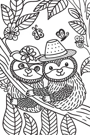 A coloring page of Snuggly Sloths and Their Cozy Canopy Coloring Page