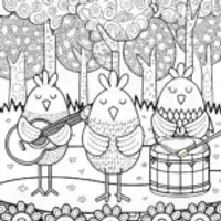 Chickens on a Quest for Music Coloring Page