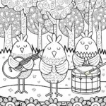 Chickens on a Quest for Music Coloring Page