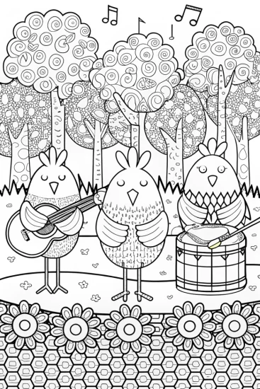 A coloring page of Chickens on a Quest for Music Coloring Page