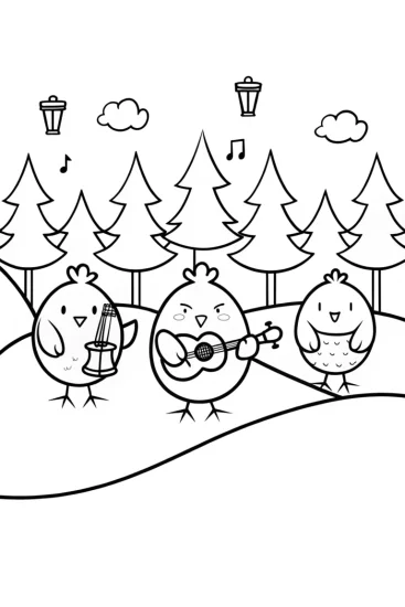 A coloring page of Chickens enjoying a musical jam session