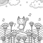Kuromi’s whimsical musical garden coloring page