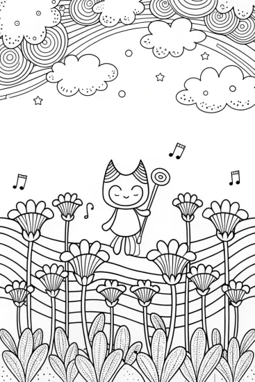 A coloring page of Kuromi’s whimsical musical garden coloring page