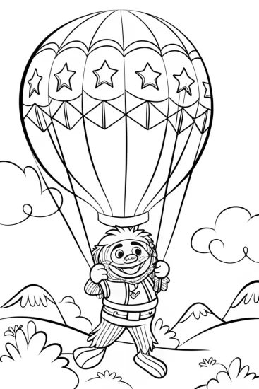 A coloring page of Huggy Wuggy in a Balloon Sky Journey
