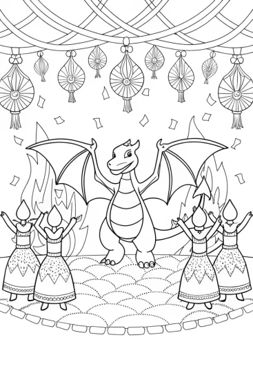 A coloring page of Charizard’s Dragon Dance Festival Coloring Page