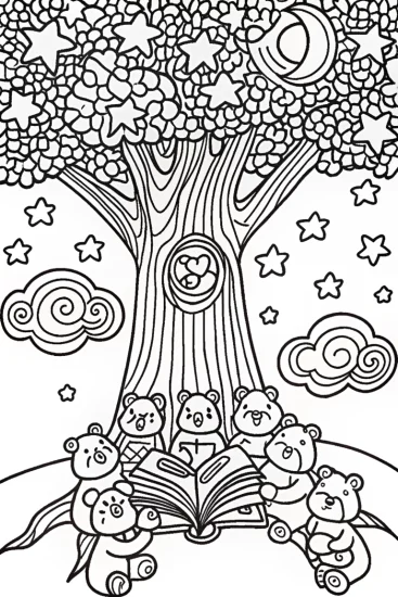 A coloring page of Care Bears’ Enchanted Storytime Coloring Page