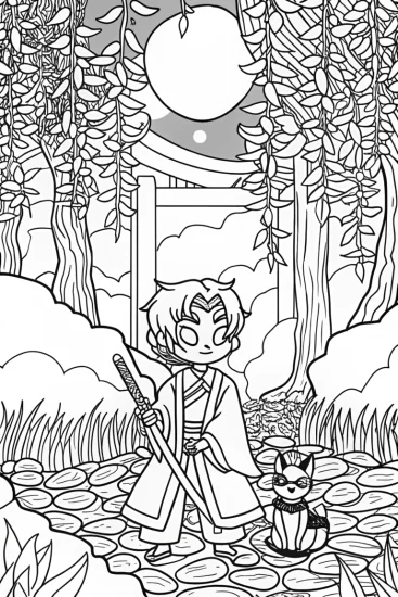 A coloring page of Demon Slayer in the Moonlit Garden Coloring Page