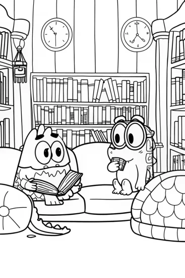 A coloring page of Bluey and Bingo’s Adventure in the Enchanted Library