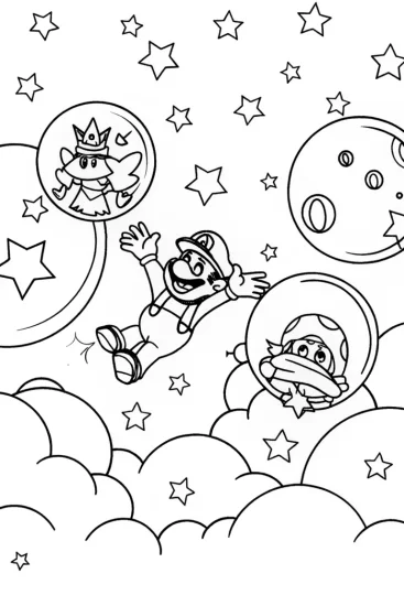 A coloring page of Mario’s Bubble Bliss in the Sky Coloring Page